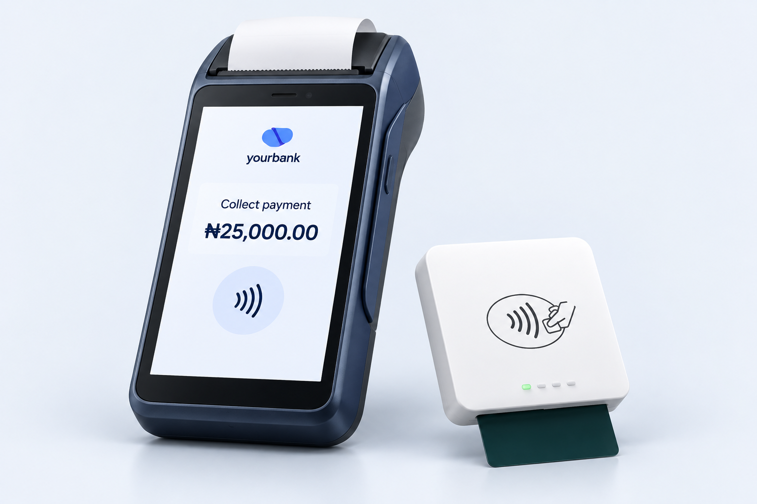Full-size touchscreen POS terminal with a receipt printer beside a small white portable contactless card reader